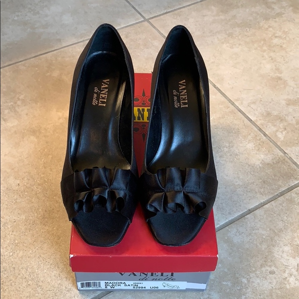Black Satin Ruffle Heels